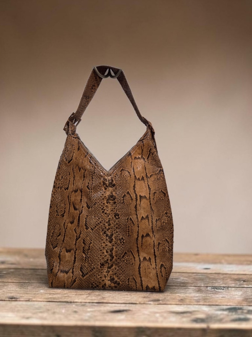 A Vintage Snake-Print Brown Hobo Bag